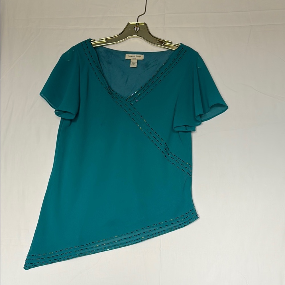 Amanda Smith Green Embellished Asymmetrical Short Sleeve Beaded Blouse Size 10